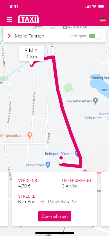 Startbildschirm der App mit Verfügbarkeitsstatus und Historie der Fahrten